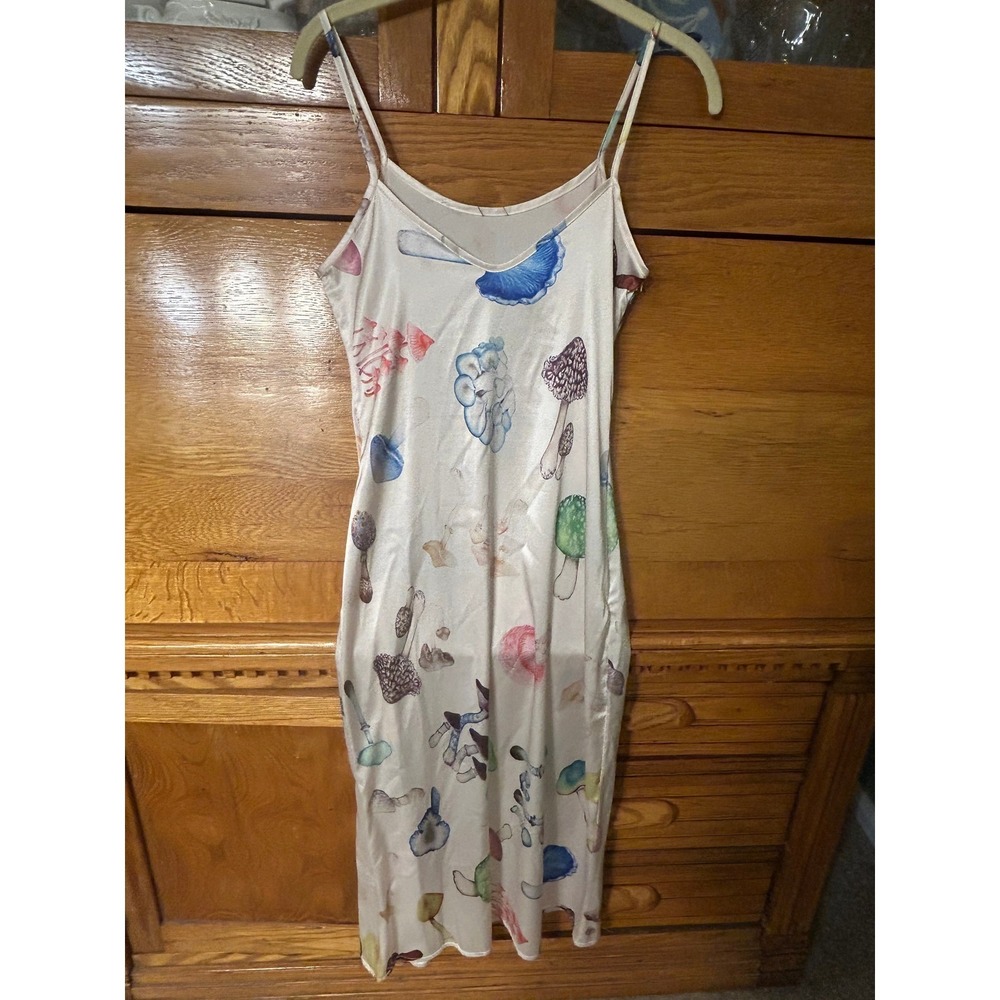 Mushroom Print Satin Slip Dress Y2K Cream Botanical Midi‎ Spaghetti Strap 90s